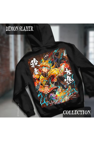 SHINOBIX هودي بقلنسوة كبير الحجم مطبوع عليه Demon Slayer Zenitsu Agatsuma Fla...
