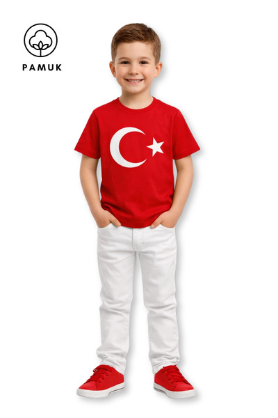 difa kids Erkek Ve Kız Çocuk Ay Yıldız Türk Bayrağı Baskılı Kısa Kollu Yazlık...