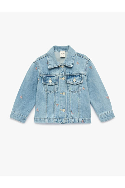 Koton Pamuklu Uzun Kollu Fiyonk İşlemeli Cepli Denim Ceket