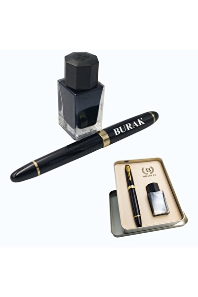 Bradley Kişiye Özel İsim Baskılı Kutulu Mürekkepli Dolma Kalem Seti Siyah Gol...