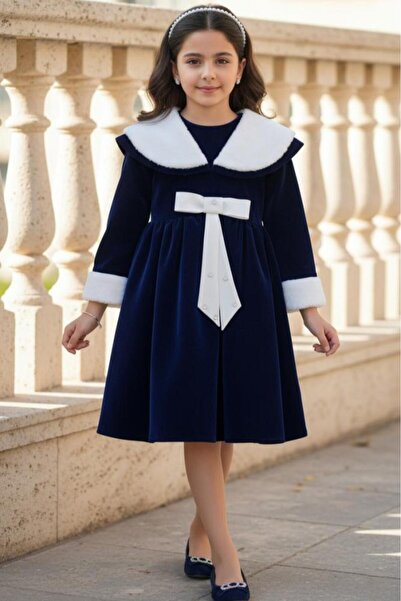 Alesaei-mondo tondo فستان بناتي كحلي كم طويل بتصميم كلاسيكي مع ياقة بيضاء |S0...