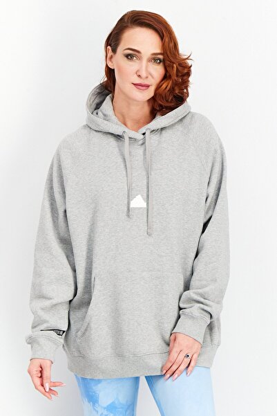 adidas سويت شيرت رياضي نسائي بأكمام طويلة وقبعة من الصوف، رمادي