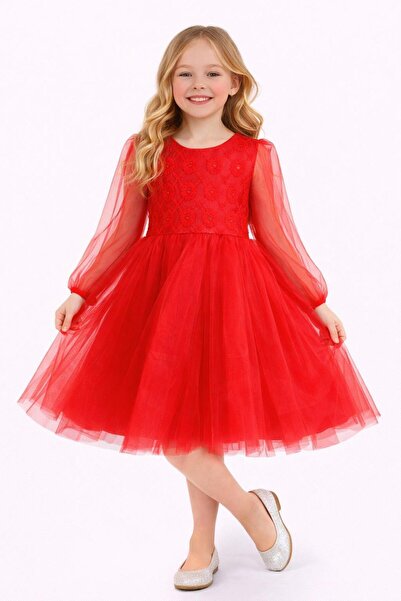 Nacar 23 Nisan 29 Ekim Gösteri Kıyafeti Kız Çocuk Kırmızı Çiçek Detaylı Şık E...