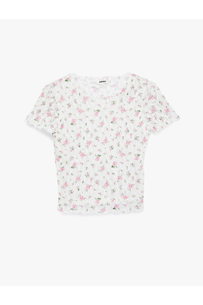 Koton εφαρμοστό Κοντομάνικο μπλουζάκι με στρογγυλή λαιμόκοψη και φλοράλ δαντέλα