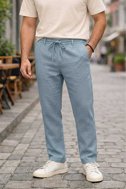 TheSeason Men's Tropik Blue Relaxed Fit 100% Pure Linen Trousers
