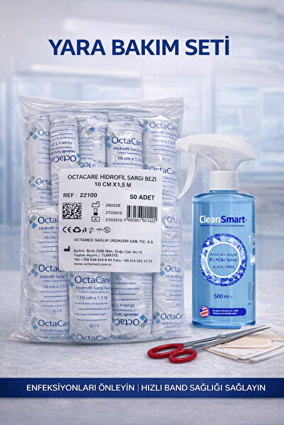 Octamed HİDROFİL SARGI BEZİ 10 CM X 1,5 M 50'li PAKET + CleanSmart Yara Temiz...