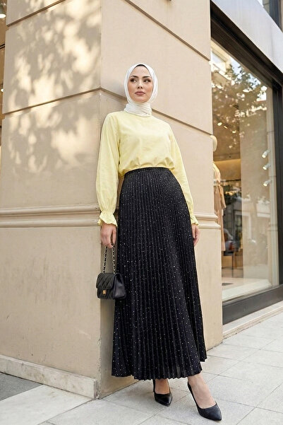 MODAQU Fusta plisată cu aplicații de piatră - Negru