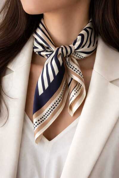 Lunaris Esarfa dama matase naturala 100% 65x65cm model geometric alb-negru-cafea