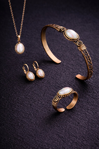 İyyaKee Kadın Bakır Bileklik Kolye Yüzük Küpe Takım Seti Doğal Beyaz Taşlı Sa...