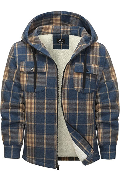 OEM Padded shirt, jacket type, checked, with zipper and snap pockets, Blue/ye...