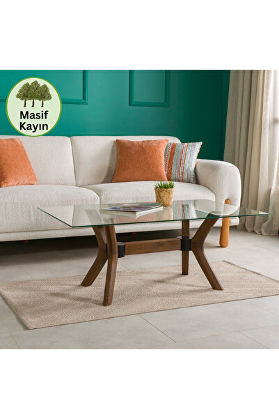 furnirem Kelebek Ayaklı Dikdörtgen Cam Orta Sehpa – Masif Ahşap Ayak & Temper...