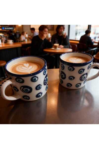 Buğra Çini Nazar Boncuğu 2 li Kupa Seti El Yapımı Dantel Kahve Fincanı