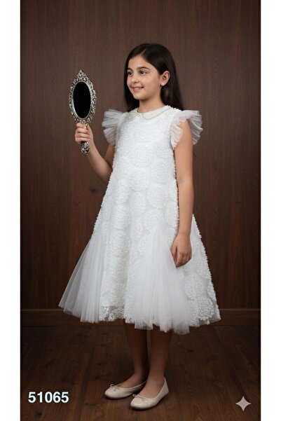 Rawai Roma فستان بناتي أبيض بتطريز بارز وياقة لؤلؤ