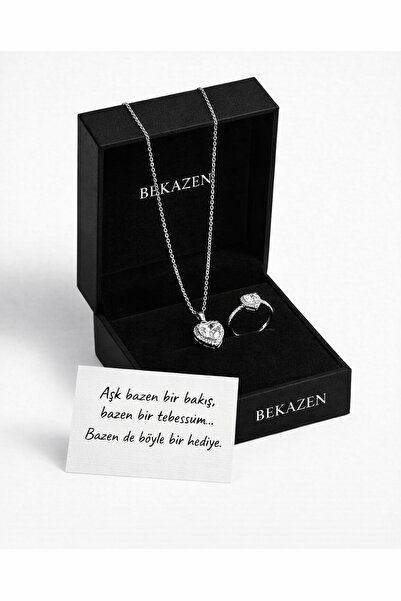 BEKAZEN Işıltılı Gümüş Kolye Kalp Ve Yüzük Seti 14 Şubat Sevgililer Günü Hedi...