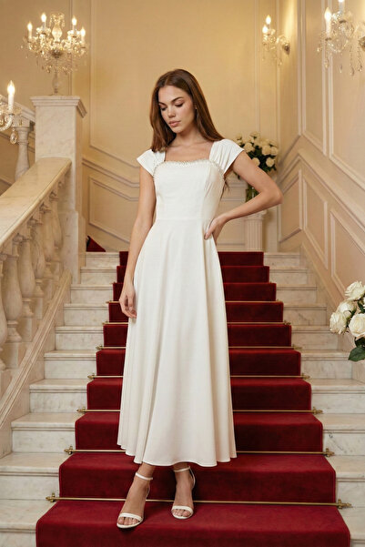 OLSAMODA KADIN YAKASI TAŞ AKSESUAR DETAYLI ATLAS KUMAŞ UZUN BOY ETEĞİ KLOŞ AB...