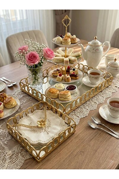 ozbience Gold Çerçeveli Aynalı Dekoratif Tepsi ve Peçetelik Seti 20x30 ve 18x18