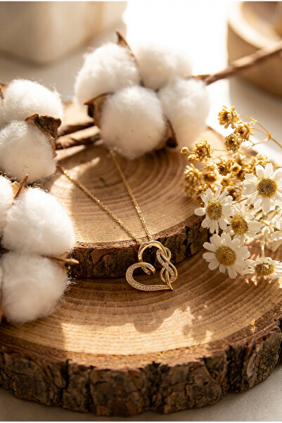 LYKOS Çelik Gold Renk Zincir Zirkon Taş Detaylı Kalp Model Sonsuzluk Detay Ka...