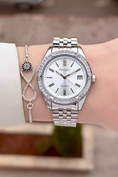Ferrucci Silver Renk 24 Ay Garantili 34 Mm Kadın Kol Saati ve Bileklik