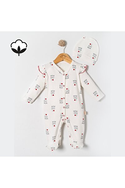 Overdo %100 Pamuklu I Love Mom Dad Baskılı Unisex Bebek Tulum 0-3 3-6 6-9 Ay