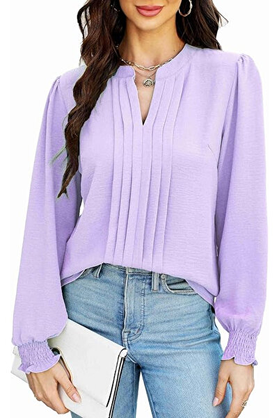 janteeshoes Elegant, casual blouse for women, long sleeves, V-neck, purple L