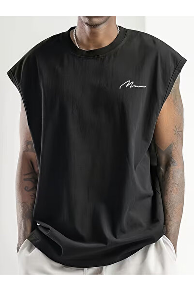 bellanova Men's Black Original Printed Oversize Cut Cotton Crew Neck Undershirt