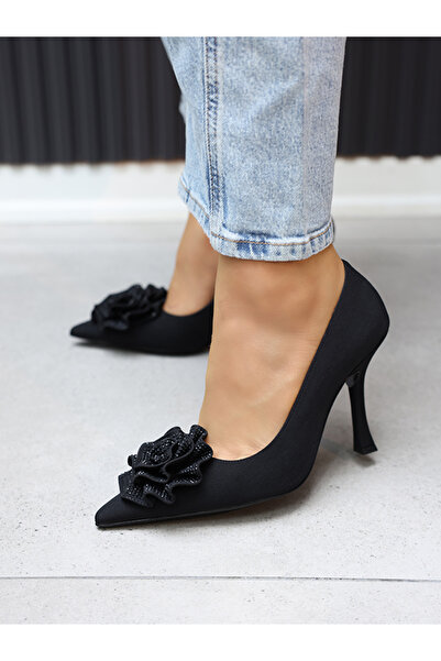 EVASAMLİSHOESBAG Taşlı Gül Aksesuarlı Siyah Stiletto