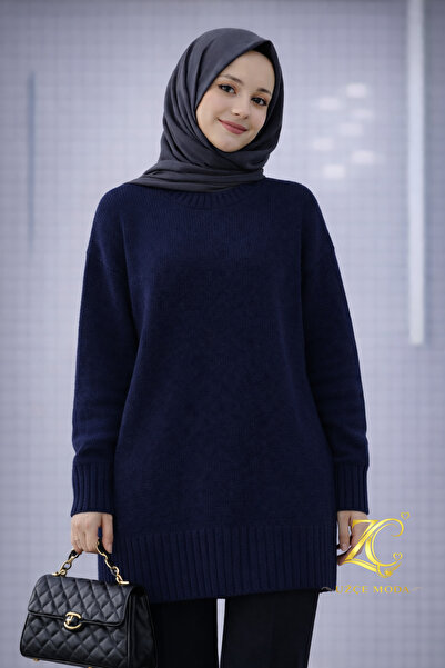 UZÇE MODA Navy Blue Color Crew Neck Oversize Knitwear Sweater Tunic
