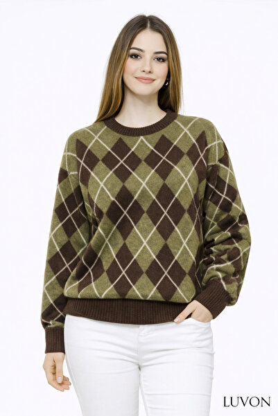 LUVON Green Coffee Baklava Pattern Crew Neck Oversized Women's Knitwear Sweater