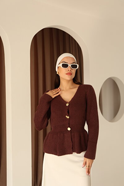 İgnites Burgundy Flounce-Cuffed Button Detailed Knitwear Cardigan