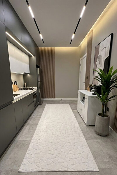 VOPTEKS Taş Desen Beyaz Peluş Mutfak Halısı Kaymaz Taban Makinede Yıkanabilir...