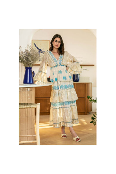 FeteRL BOHO SUPERPREMIUM Dress with Gold and Blue Embroidery