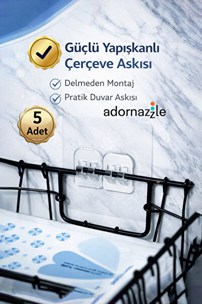 adornazzle 5 Adet Güçlü Yapışkanlı Çerçeve Askısı, Şeffaf Askı, Delmeden Mont...