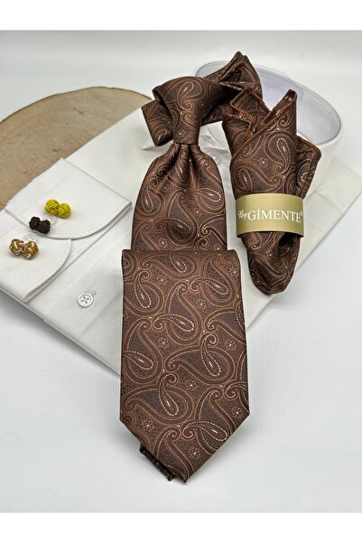 Gutiero ربطة عنق كلاسيكية بنمط شال بلون بني فاتح مع منديل