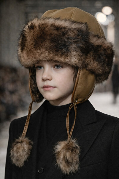 hoaryage Căciulă de pilot pentru copii, 100% piele de oaie, tip ușanka, din p...