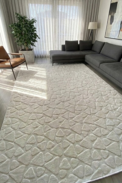 VOPTEKS Taş Desen Beyaz Peluş Halı Kaymaz Taban Makinede Yıkanabilir Beyaz Pe...