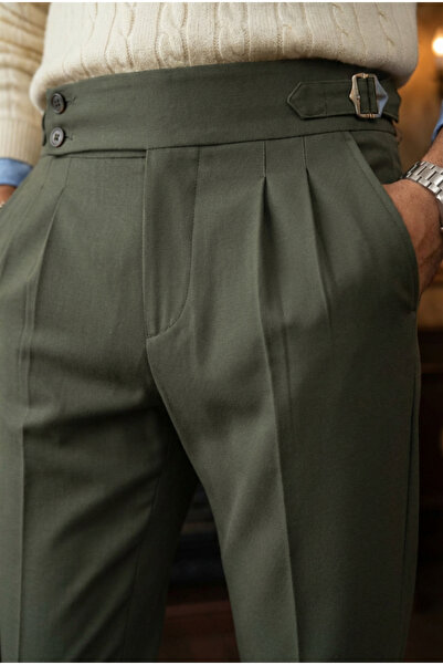 MENOFOURSWEAR Men's Old Money Pleated Harvest Italian Cut Fabric Trousers Khaki