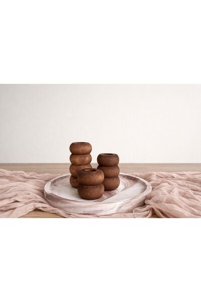Yellow Home Doğal Ahşap Koyu Ceviz 3'LÜ Şamdan Mumluk 10-8-5 Cm Modern Tasarım