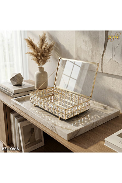 ozbience Şeffaf Kristal Model Aynalı Cam Kapaklı Sandık, 30x20x9cm, Özel Günl...