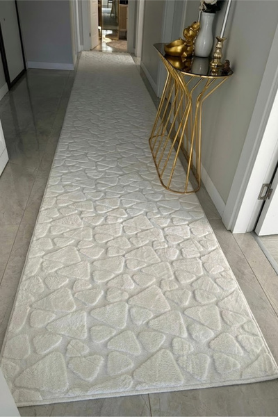 VOPTEKS Taş Desen Beyaz Yolluk Peluş Halı Kaymaz Taban Makinede Yıkanabilir B...