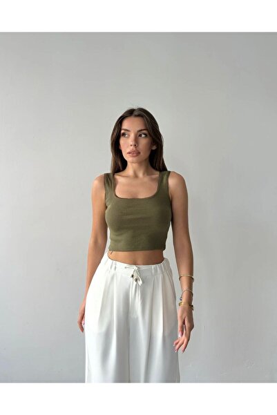 Vinales Ženska Rebrasto Soft Touch četvrtasti izrez Skraćeni kroj - Kaki