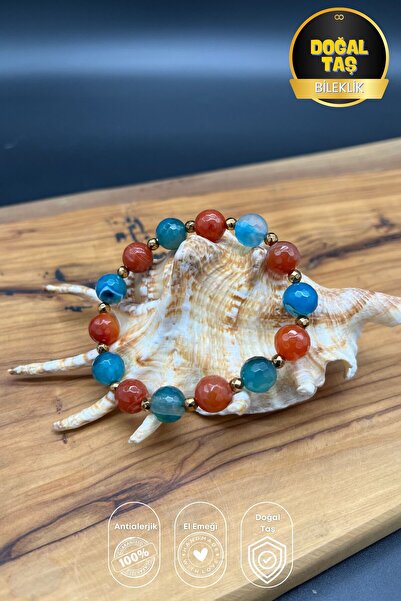 Balzamin Design Orange & Blue Agate Natural Stone Bracelet – 10 mm – with Hem...