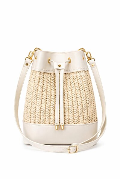 Mimoza Accessories Hand Knitted Detailed Cream Bucket Bag
