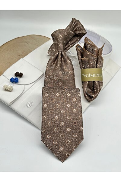 Gutiero Cravată clasică cu batistă cu model maro deschis