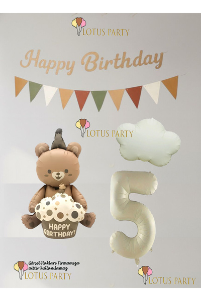 LOTUS PARTY Ρετρό Σετ Μπαλονιών με Γραπτό Χρόνια Πολλά και Αρκούδα - Ρετρό Σύ...