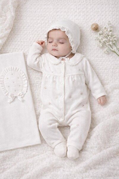 Çiçek Nakışlı Kız Bebek 3lü Hastane Çıkış Seti