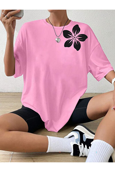 SUNFREE Flower Printed Oversize Crew Neck Combed Cotton Women's Tshirt