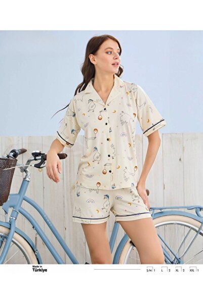 İpek Women's Short Sleeve Front Buttoned Shorts Duck and Stork Pattern Pajama...