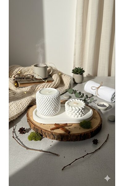 Patulya Aksesuar El Yapımı Dekoratif Mum Seti 3’lü | 2 Mum + Seramik Tabak | ...