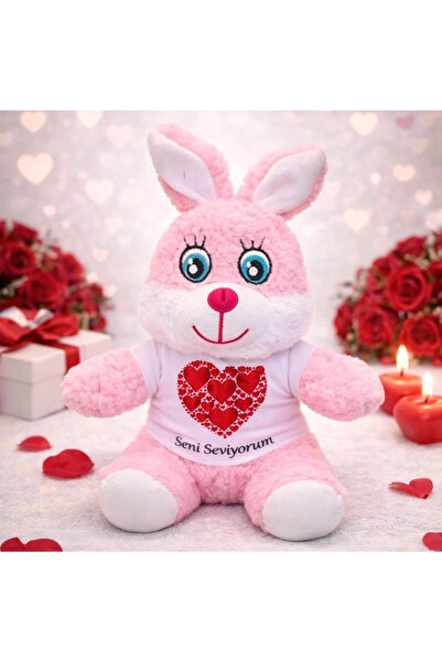 Livenda تي شيرت باللون الوردي مطبوع عليه عبارة 'أحبك' مع أرنب قطيفة