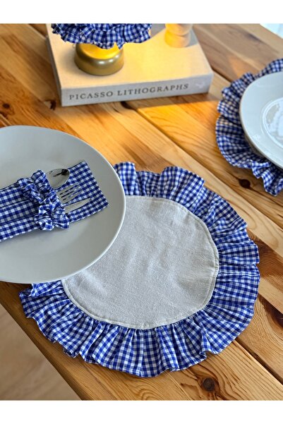 KaiAtelier 6-Piece Sea X Natural Linen Round Ruffle Detailed American Service...